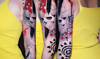 tattoo-spb female color some sessions tattoo sleeve skull trash-polka custom designCPL