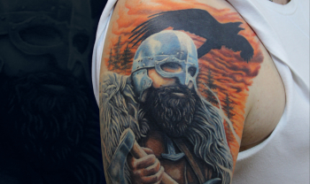 tattoo-spb male color some sessions shoulder realistic healed tattoo viking odin ravens custom design